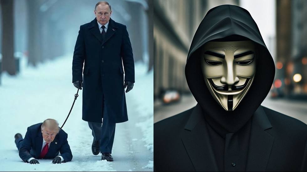 Anonymous, Putin'in, Trump'ın boynuna ip ge&ccedil;irilmiş yerde s&uuml;r&uuml;klediği fotoğrafı paylaştı...